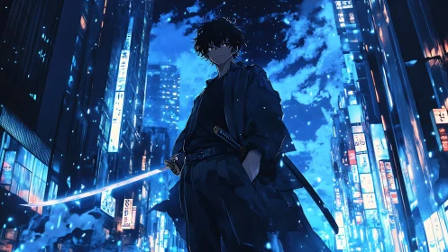 Sword-carrying figure in neon-lit urban night street scene.