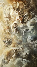 Vertical composition depicts ascending winged figures in clouds