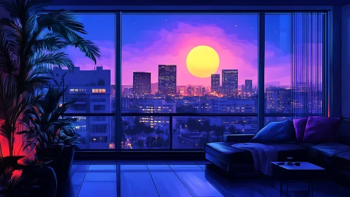 Neon city sunset glows beyond a tranquil modern apartment