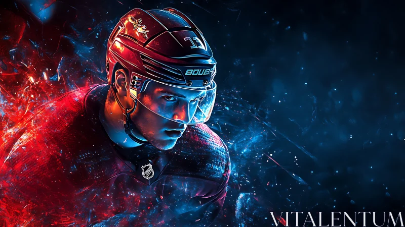 Electrified hockey warrior carved from ice and wildfire light.