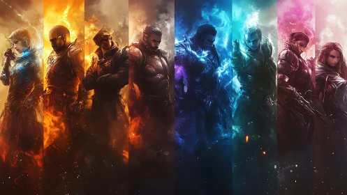 Elemental warrior lineup blazes with vivid spectral energy.