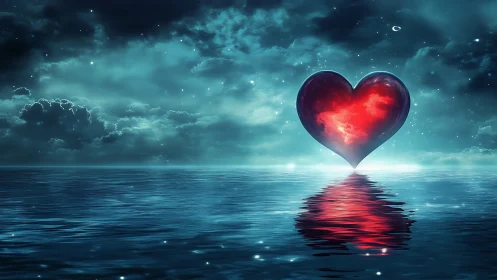 Luminescent Heart Form Suspended Above Reflective Water Surface