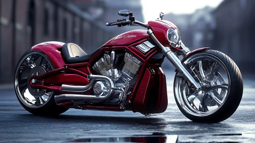 Chromed V-twin custom power cruiser in urban streetscape focus.
