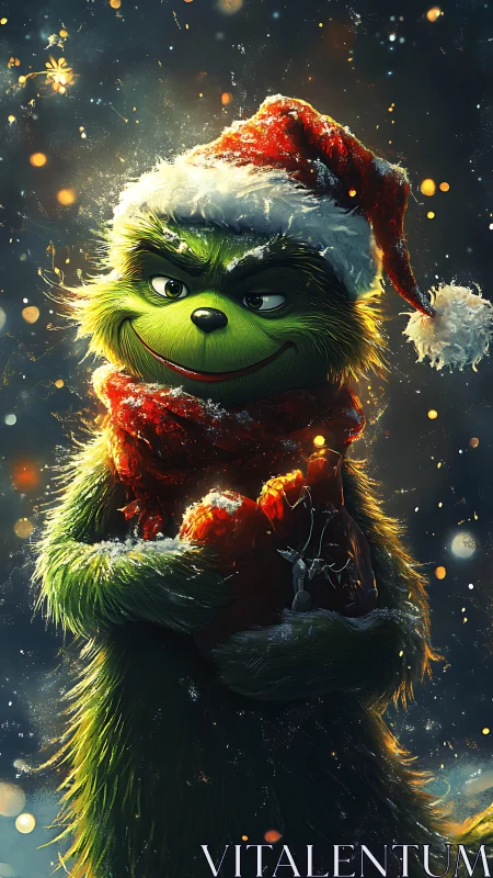 Stylized green fur character in detailed Christmas lighting portrait