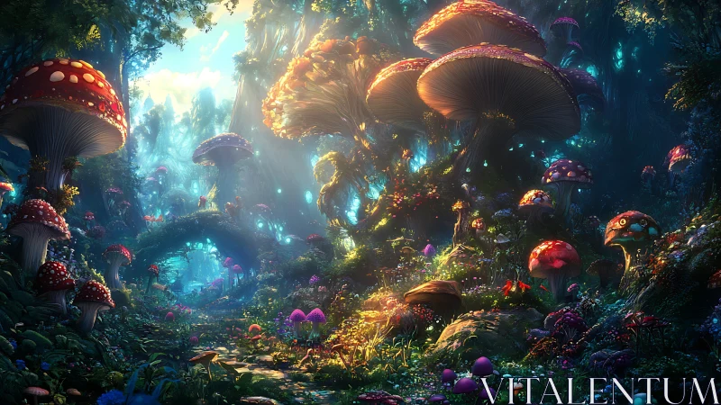 Bioluminescent fantasy forest with oversized mushrooms at dusk