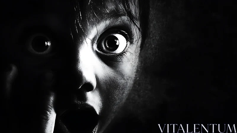 Wide-eyed wonder in a shadowy black and white close-up.