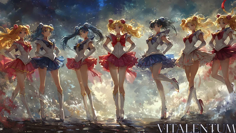 Celestial sailor heroines rendered in dynamic anime brushwork
