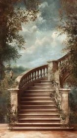 Curved stone garden staircase under soft cloudy sky.