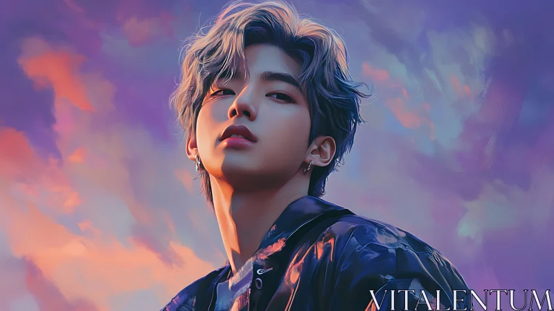 Moody portrait of silver-haired youth under neon dusk sky.