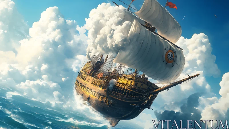 Flying wooden galleon cuts through clouds above open sea.