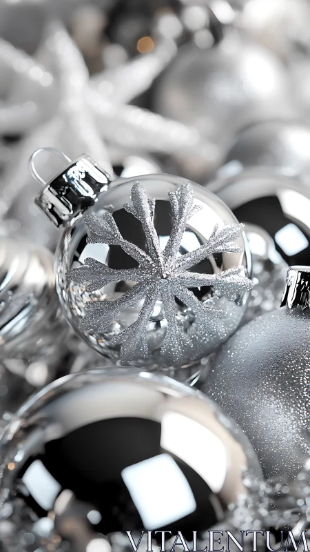 Glistening silver snowflake ornaments sparkle in soft light