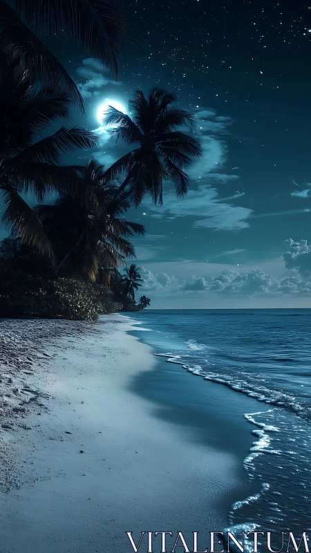 Moonlit tropical shoreline with serene palm silhouettes.