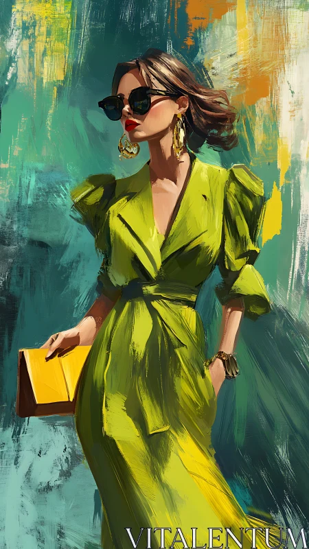 Confident woman in lime dress strolling through bold color.