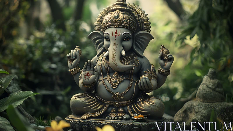 Ganesha statue rendered in ornate gold accents within jungle grove