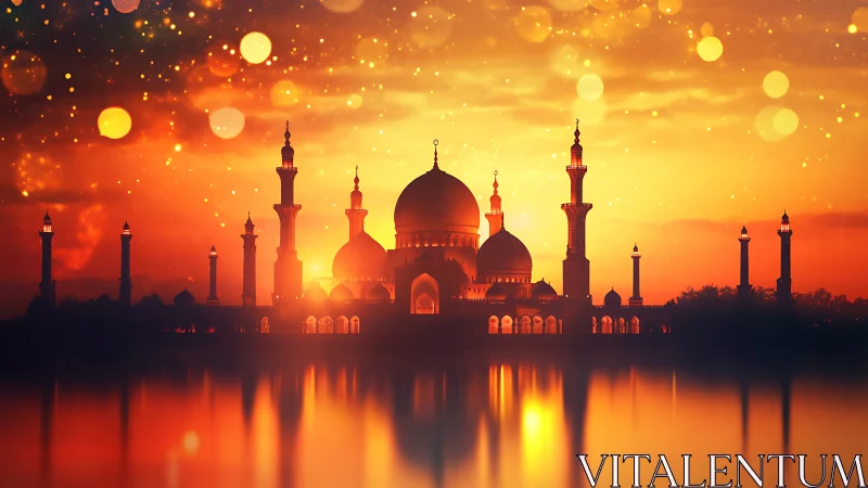 Mosque silhouette at sunset with reflective water and bokeh glow