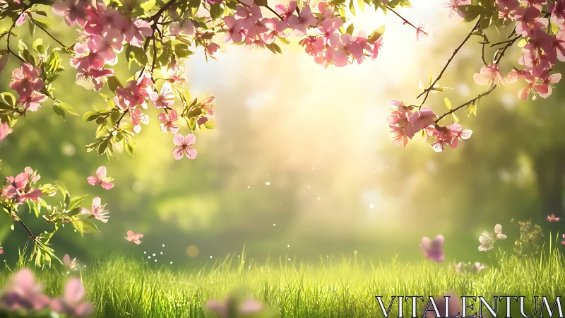 Sunlit cherry blossoms over dreamy spring meadow.