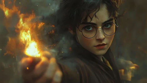 Young mage projects controlled fire spell with cinematic depth