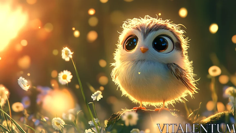 Adorable fluffy owl with big eyes in dreamy, glowing meadow.