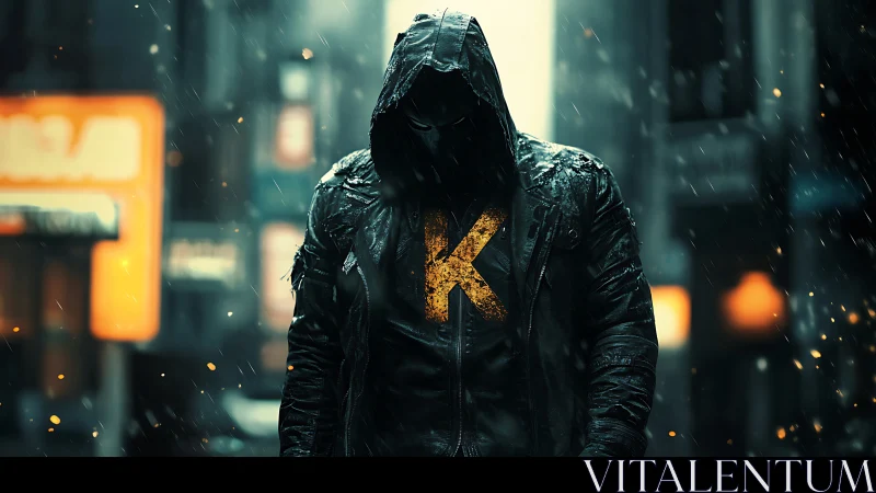 Hooded vigilante in neon rain with glowing K emblem dominates