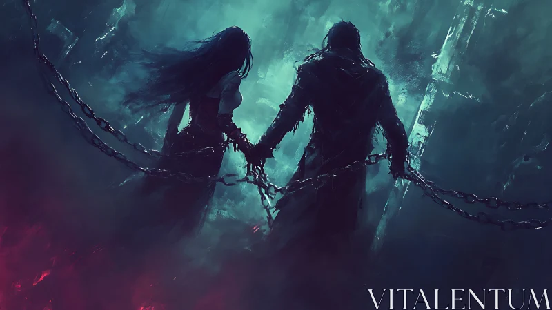 Two chained silhouettes walking through a glowing abyss together.