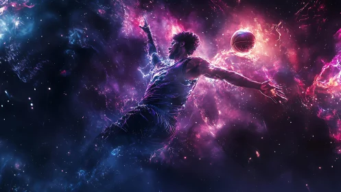 Cosmic basketball dunker soaring through neon galaxy clouds.