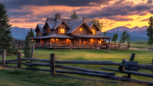 Sunlit mountain lodge glowing like a hearth in open meadow.
