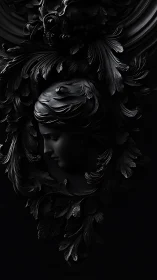 Monochrome relief of female profile with ornate foliage frame.