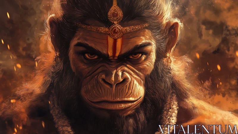 Mythic warrior simian god glows within molten embers