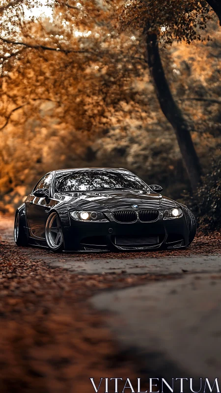 Autumn forest lowrider coupe prowls through copper leaves.