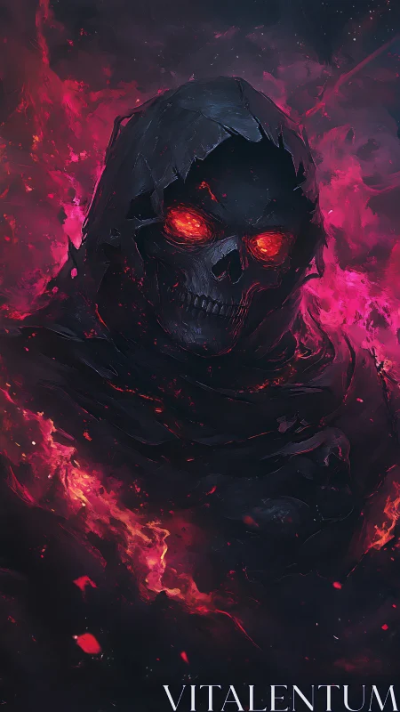Dark hooded flaming skull with glowing red eyes in void.