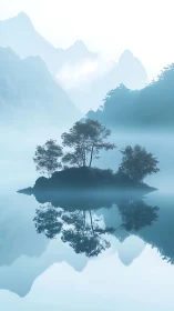 Misty Mountain Lake Island with Silhouetted Trees and Mirror Reflection