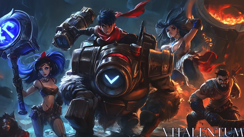 Dynamic fantasy squad advances through forge-lit battleground