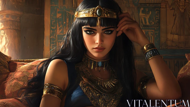 Regal Egyptian woman rests in golden light and quiet power