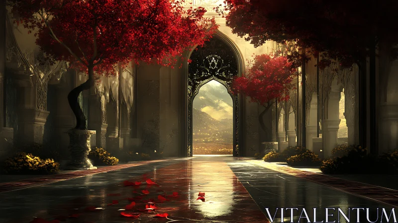 Sunlit palace corridor opens onto distant golden valley