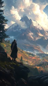 Solitary cloaked figure overlooking expansive mountain valley.
