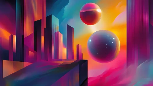 Dreamy neon skyline with glowing orbs in a cosmic dusk.