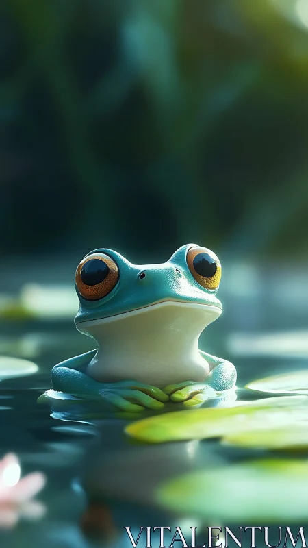 Pond philosopher frog weighs moonlit secrets between lilies