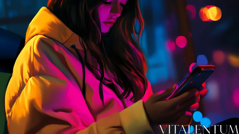 Young woman with smartphone in neon city night lighting.