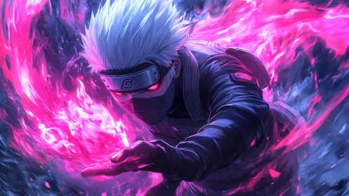 White haired masked ninja channeling pink ethereal energy field