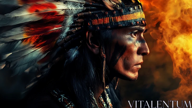 Warrior in feathered headdress studies swirling firelight