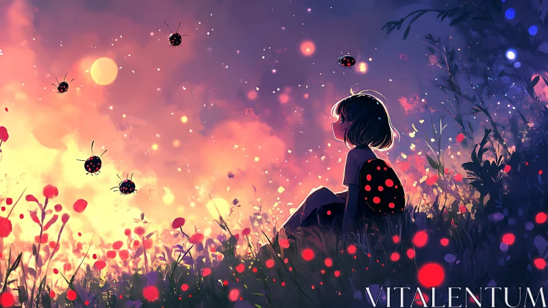 Child and ladybugs sit in a luminous, stylized meadow