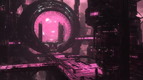 Futuristic ring structure in dense magenta industrial cityscape.