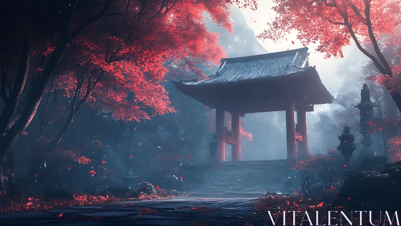 Crimson gate of whispers beneath mist-soaked maple canopies.