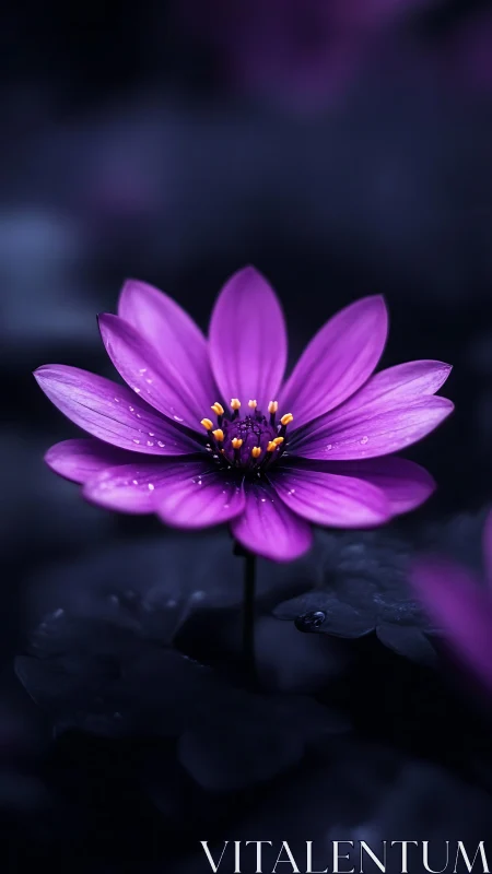 Purple Flower with Golden Center Against Dark Background