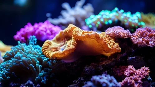 Coral reef close-up shows vivid soft corals under blue light