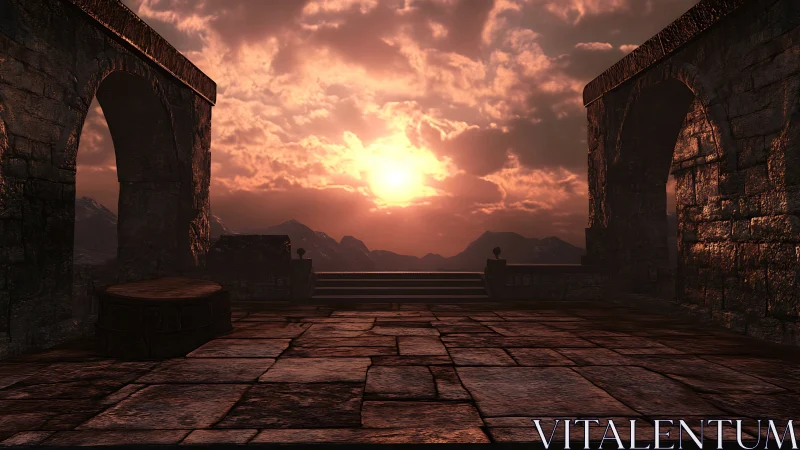 Sunlit stone terrace framing distant mountain horizon.