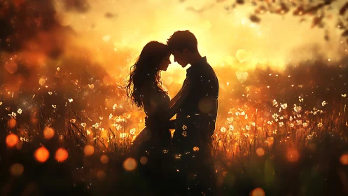 Silhouetted pair embracing in sunlit flower field.