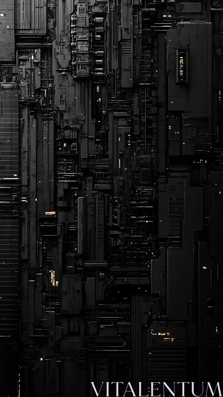 Dense vertical structure of dark industrial circuitry wall.