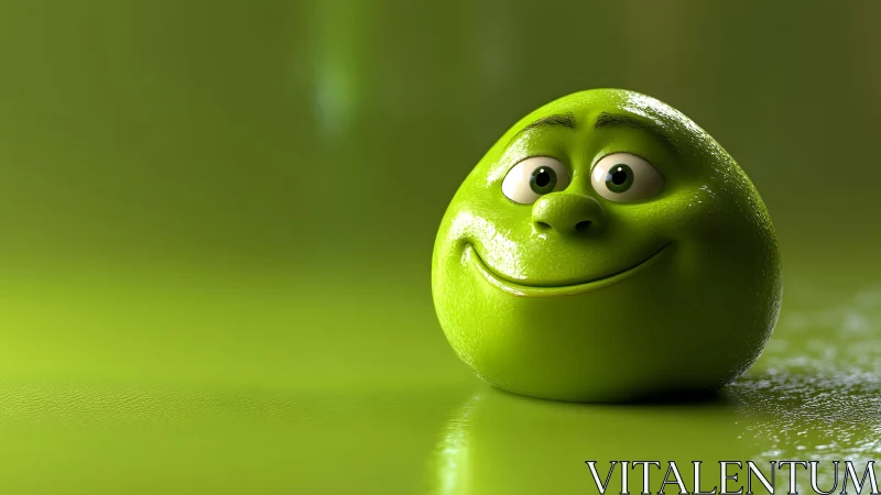 Smiling Green Cartoon Fruit Character on Glossy Background.