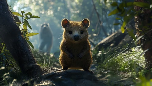 Curious quokka in cinematic forest light, softly backlit.